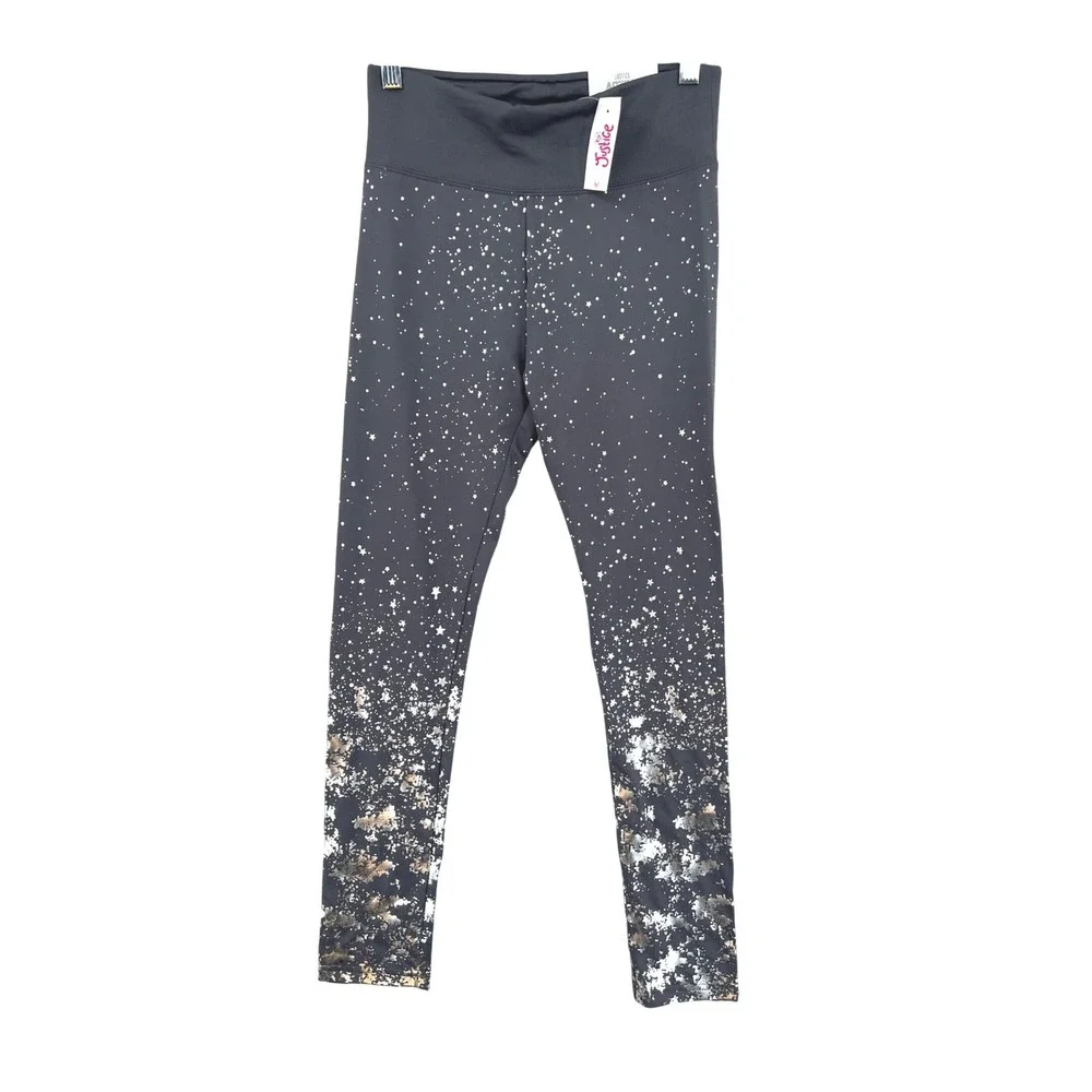 Justice Celestial Galaxy Leggings Size 18/20 Gray Silver Star Foil Splatter NWT